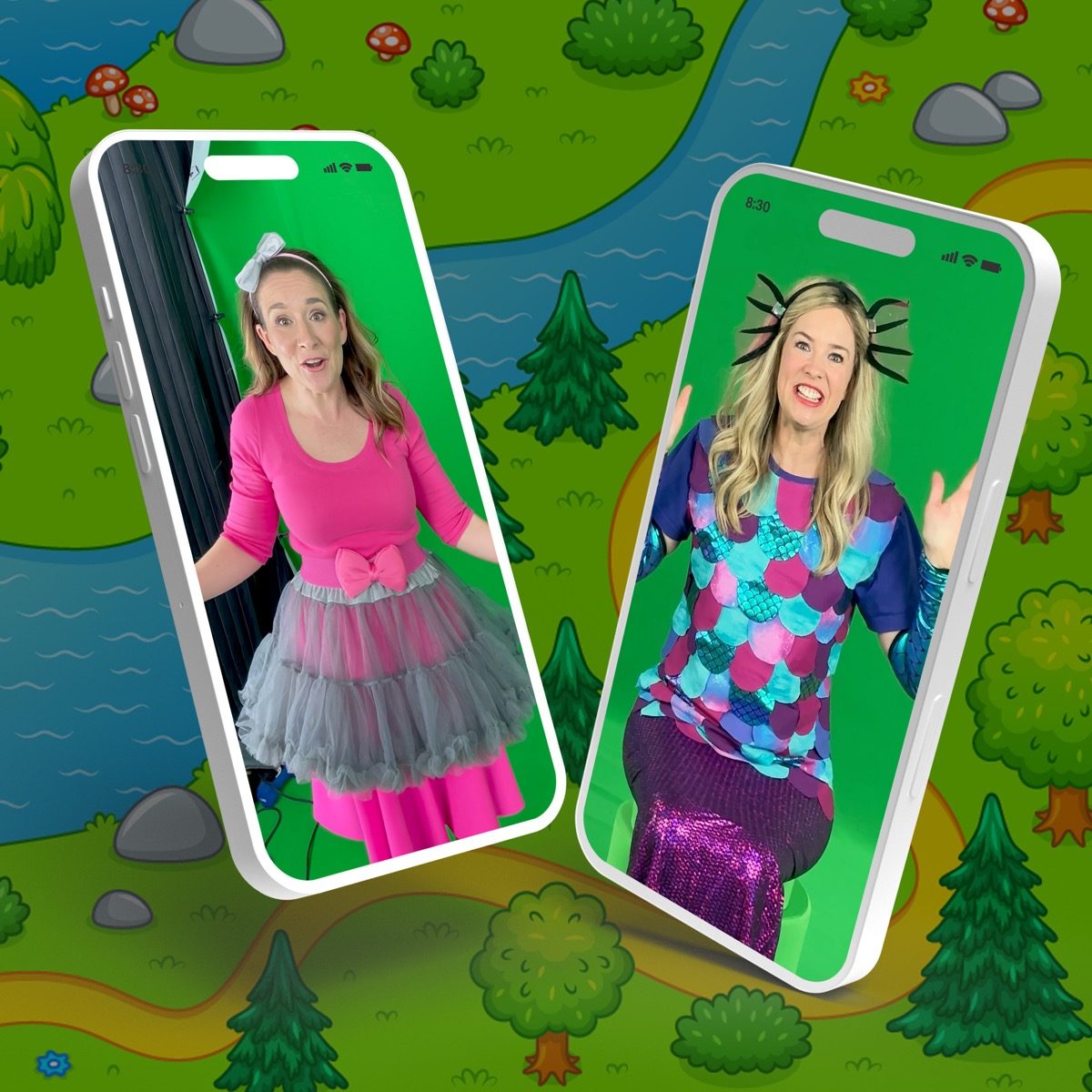 Two phones showing Bounce Patrol performers recording a video shoutout